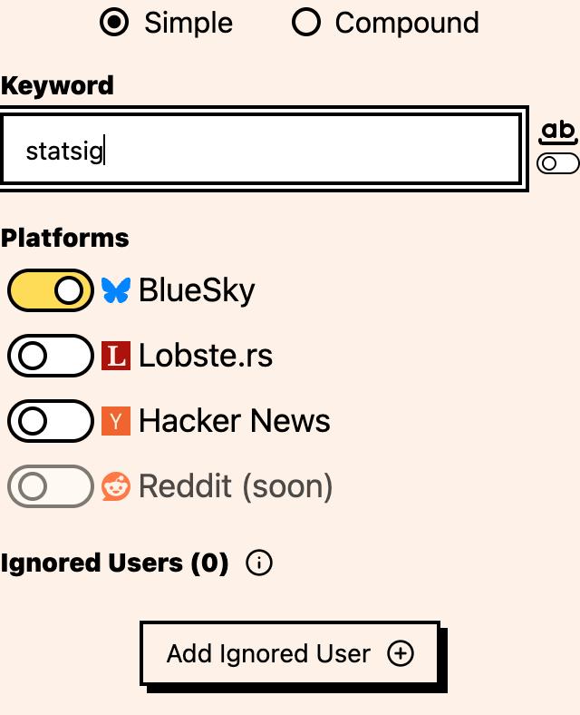 New keyword form with a keyword value field, platform options, matching settings, and ignored user controls.