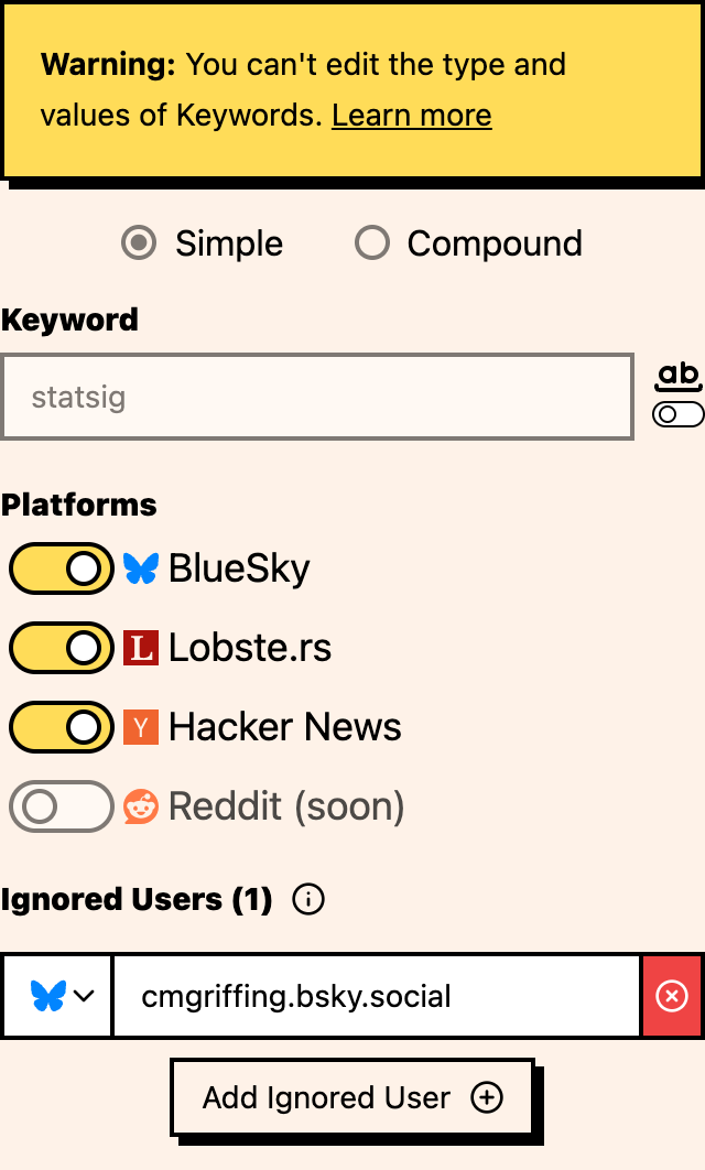 Keyword edit form showing the whole-word matching toggle with existing keyword configuration.